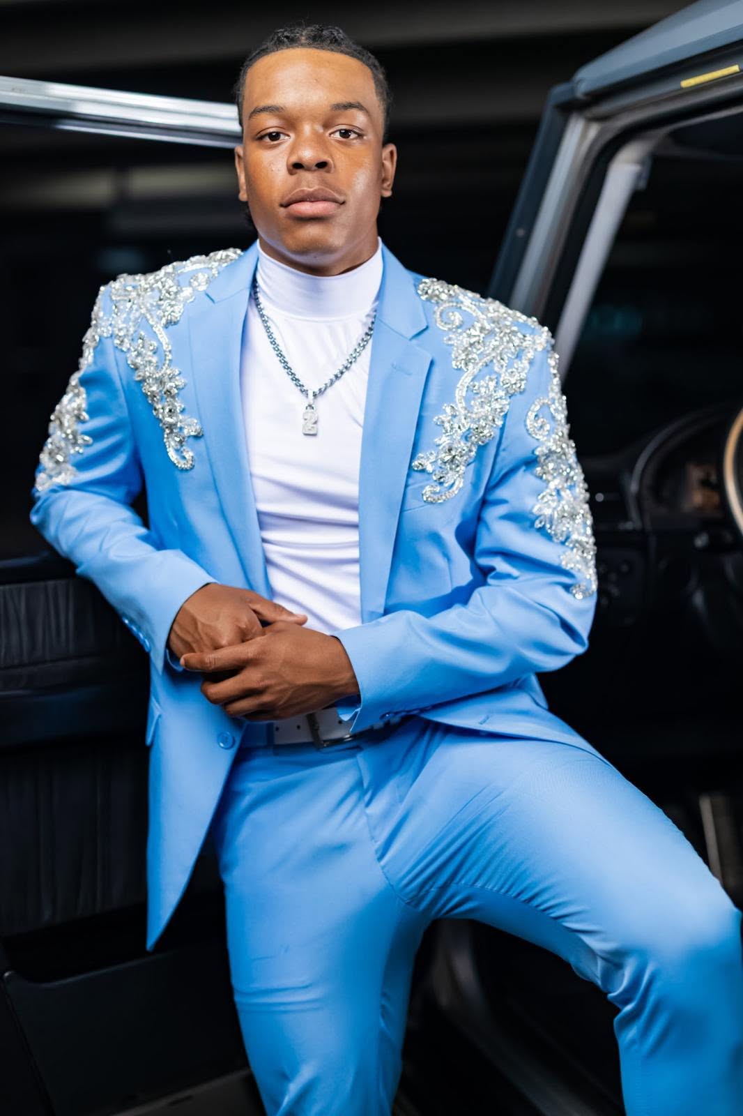 Custom light-blue embellished suit by D Sew Sew Good
