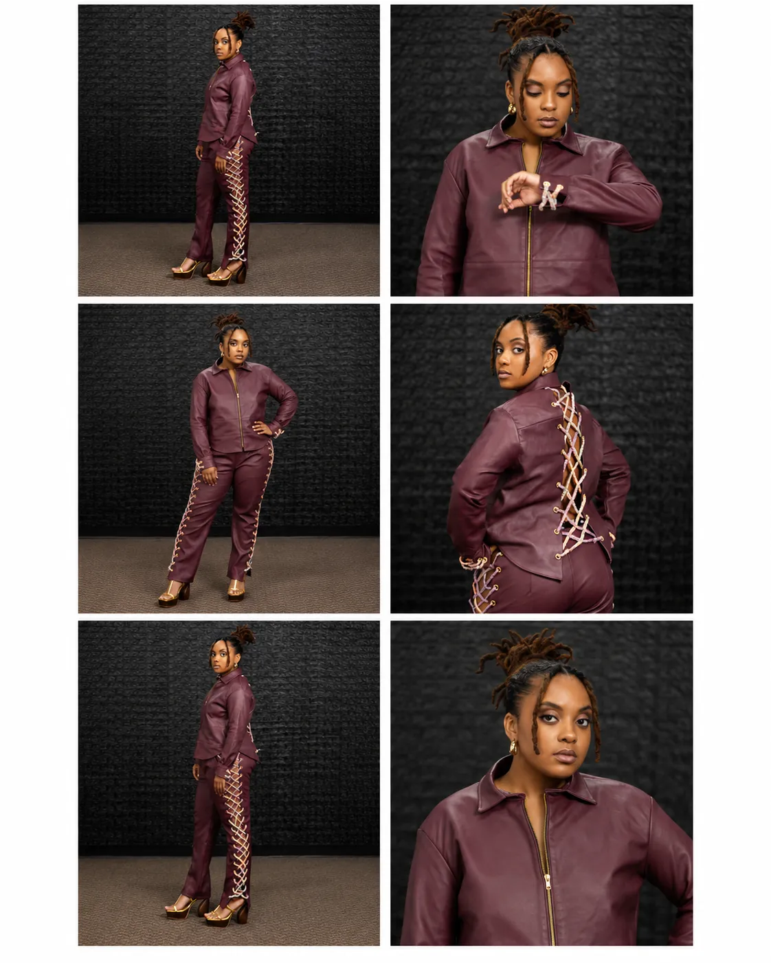 Burgundy leather jacket and pants with lace-up detailing