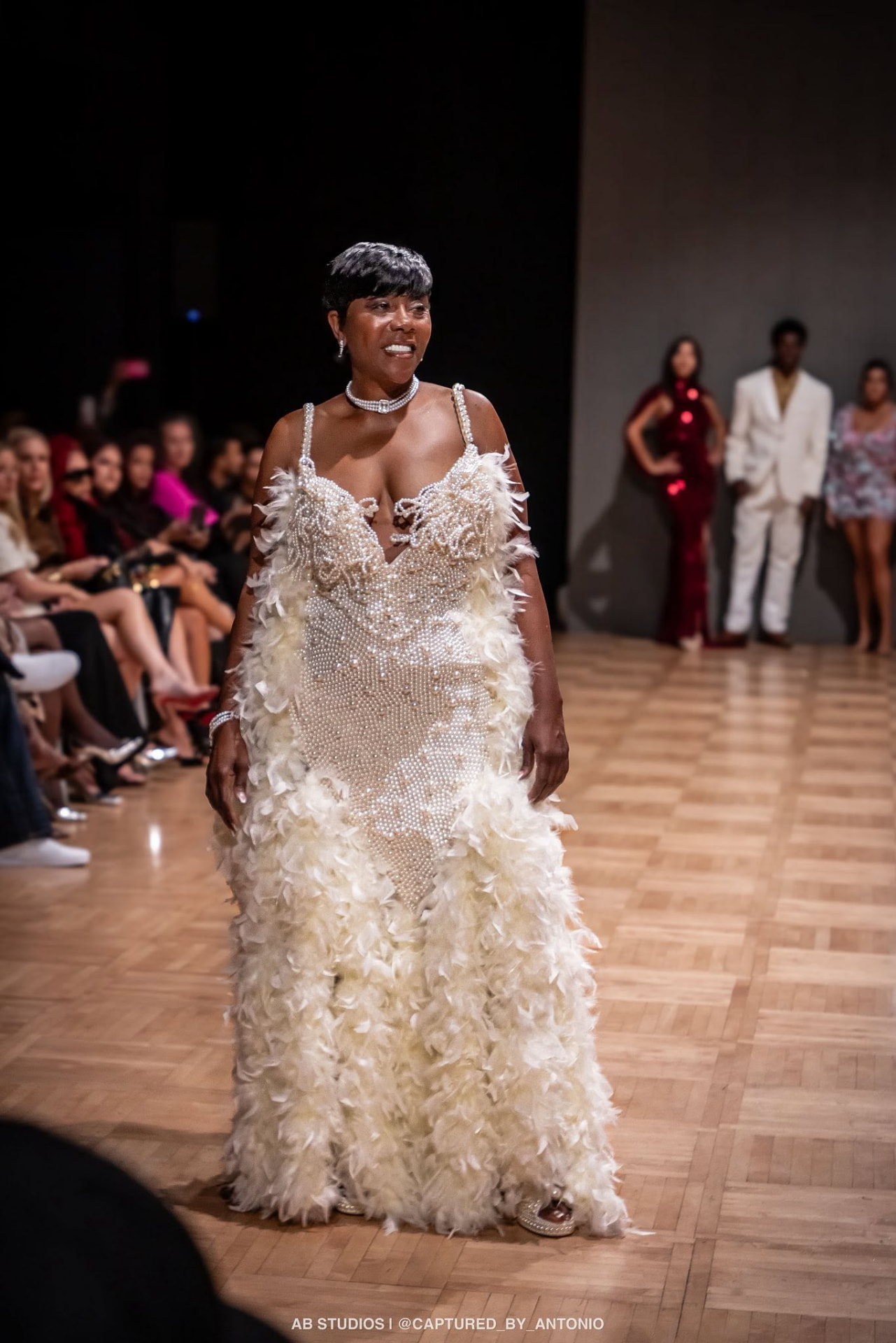 Runway gown with pearls and feathers by D Sew Sew Good