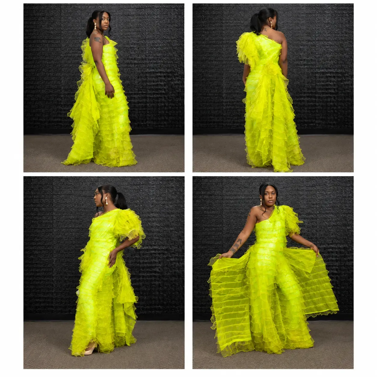 Chartreuse tiered ruffle one-shoulder gown, four views